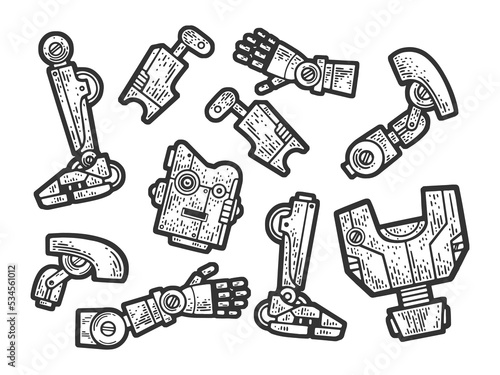disassembled broken cartoon robot sketch engraving vector illustration. Scratch board imitation. Black and white hand drawn image.