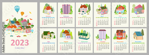 Design of wall monthly calendar for the year 2023, the week star