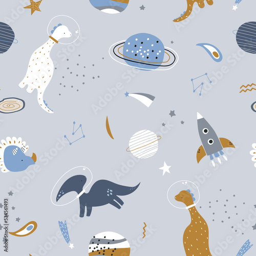 Seamless childish pattern with funny dino in a helmet in the space. Creative kids cosmos texture for fabric, wrapping, textile, wallpaper, apparel. Vector illustration