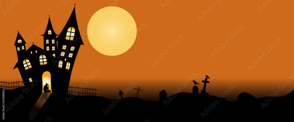Halloween concept background or party invitation background with a moon night and castle. Vector illustration.