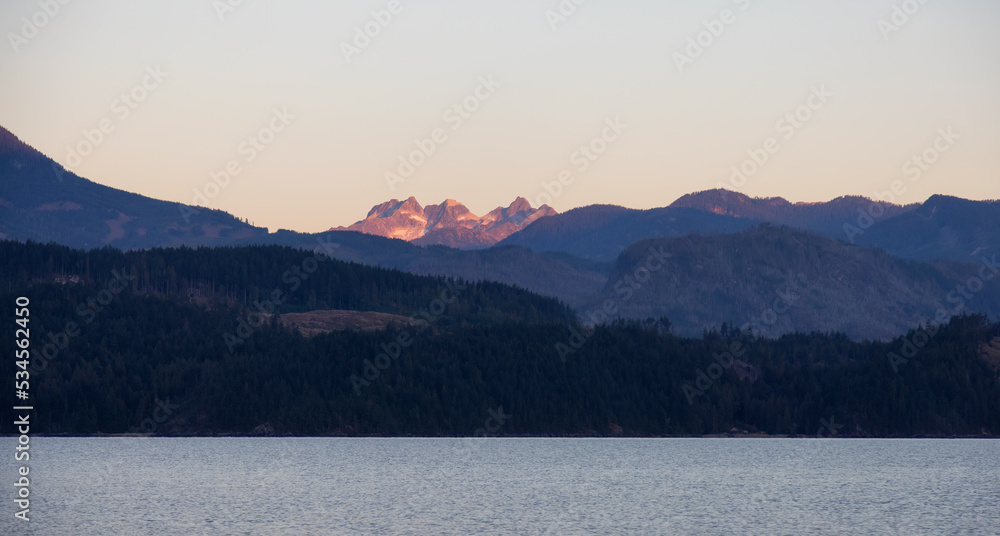 Harrison Lake during Sunny Summer Morning Sunrise. Canadian Nature Landscape Background. Harrison Hot Springs, British Columbia, Canada.