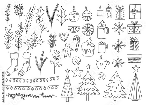 Christmas line elements vector, Christmas elements vector ,minimalist new year elements, line art christmas collection
