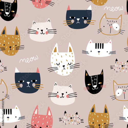 Seamless childish pattern with cute hand drawn cat faces. Creative kids hand drawn texture for fabric, wrapping, textile, wallpaper, apparel. Vector illustration