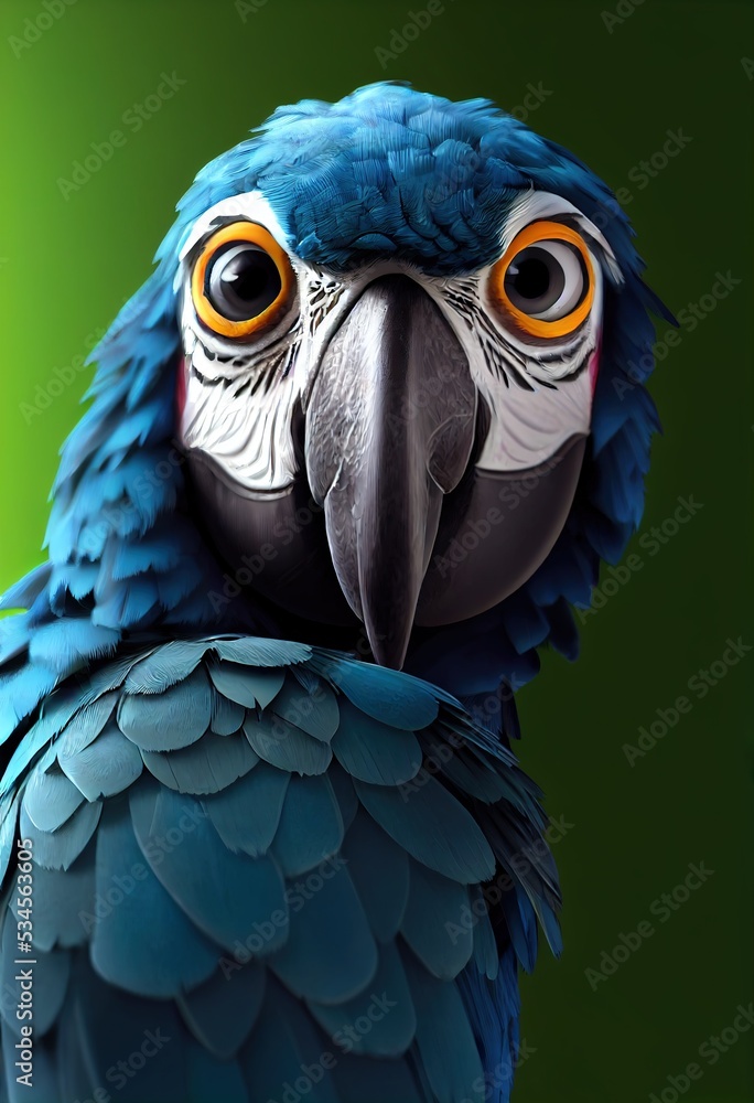Colorful egzotic parrot, animal cartoon mascot big eyed close portrait. Antropomorphic movie character design with vibrant colors. Modern animation 3d digital art style. 3D illustration.