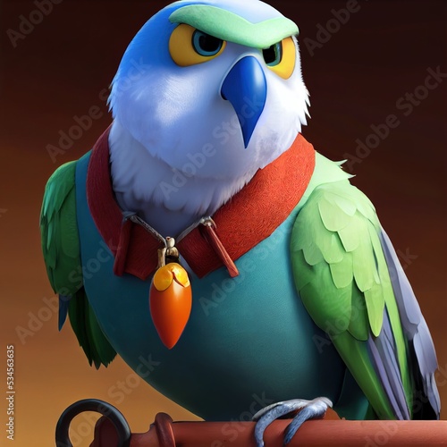 Colorful egzotic parrot, animal cartoon mascot big eyed close portrait. Antropomorphic movie character design with vibrant colors. Modern animation 3d digital art style. 3D illustration. photo