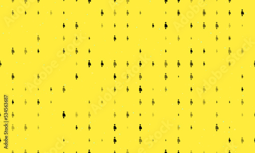 Seamless background pattern of evenly spaced black pregnant woman symbols of different sizes and opacity. Vector illustration on yellow background with stars