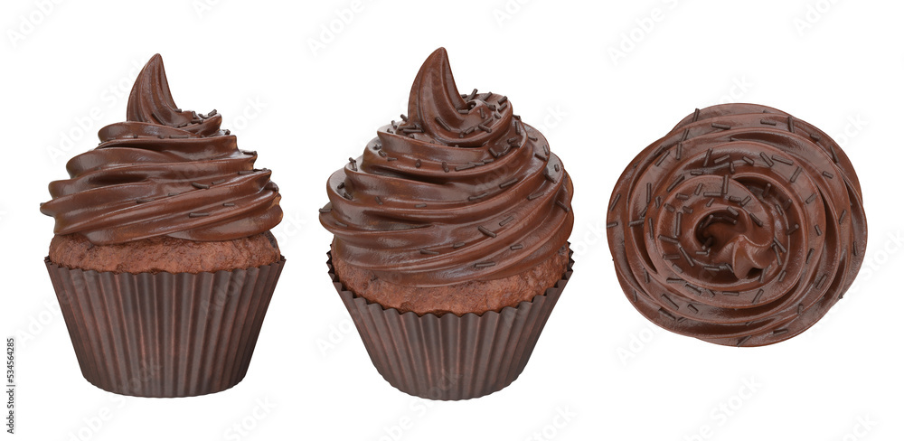 Set of cupcakes with chocolate cream from different angles front, side, top, 3d render Set of cupcakes with chocolate cream from different angles front, side, top, 3d render