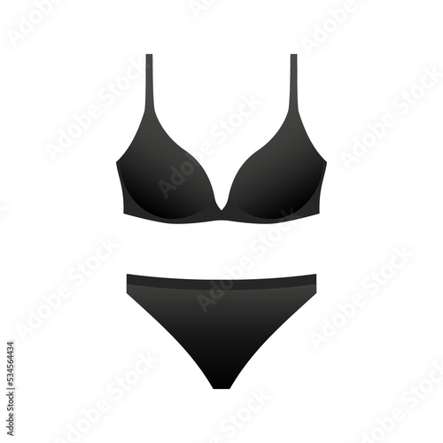 Black female panties and bra template. Elegant sexy lingerie in trendy design. Stylish swimsuit from new collection with classic vector style