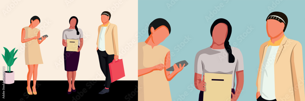 Two women and a man are talking. The image is in full growth and zoomed in. One woman holds a box, the other a calculator. A man with a bag. Flat vector illustration