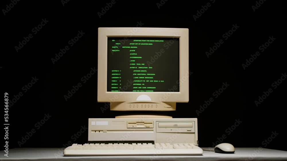 Retro pc with loading code console, programmer making scripts, green basic screen, Old computer studio close-up, Desktop vintage retro wave display, late 90s PC.