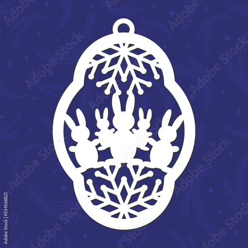 Christmas figured ball with snowflake and rabbits, template of laser cutting. Merry Christmas tree decoration for paper cut out. Vector illustration on blue background.