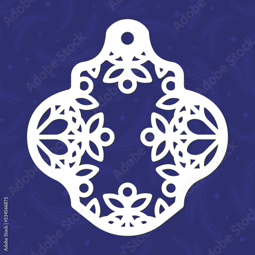 Christmas figured ball with snowflake, template of laser cutting. Merry Christmas tree decoration for paper cut out. Vector illustration on blue background.