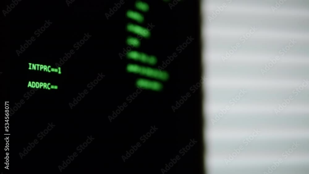 Retro pc with loading code console, programmer making scripts, green ...