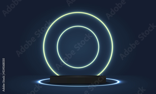Background vector 3d deep blue color cylinder pedestal podium with stage product and wall scene. Stage podium with lighting. Neon ring backdrop. Abstract stage geometric shape white Product display