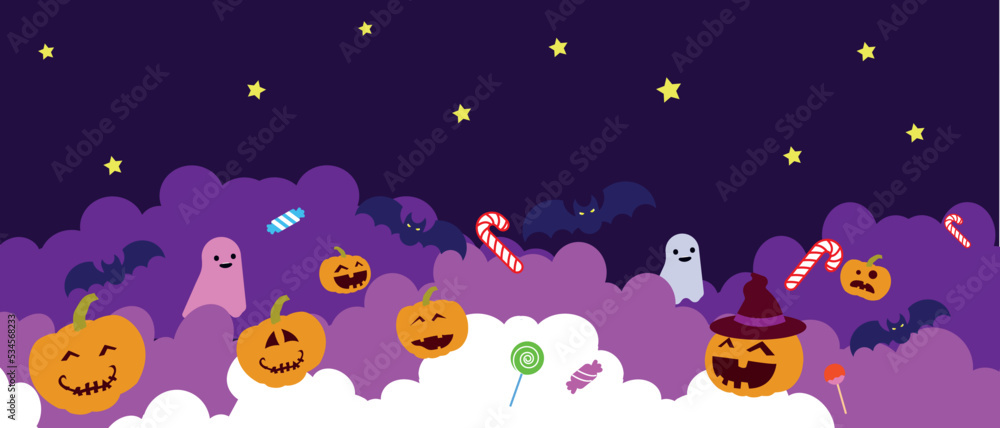 Halloween background for party invitation, greeting card, web banner or Sales with candies in night clouds, cutest pumpkins, bats, ghosts on violet background. Paper cut style, digital craft style