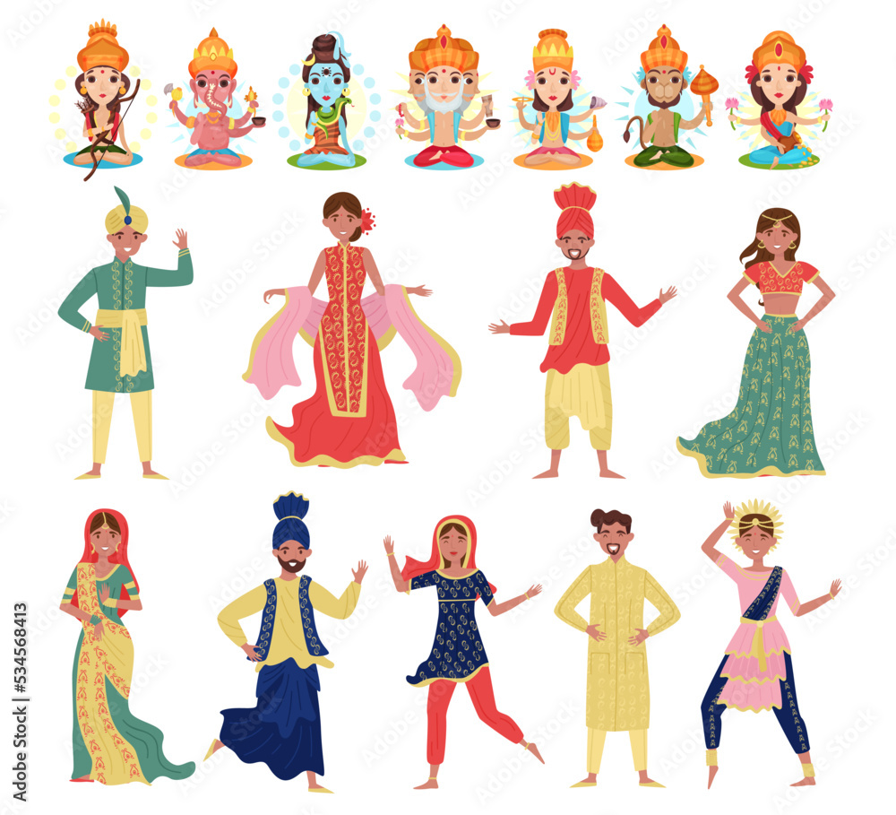Indian People Character in National Dress and Turban with Ancient Deity Big Vector Set