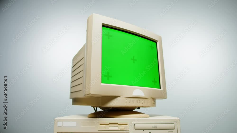 Retro pc with chroma key green screen, Old computer studio closeup