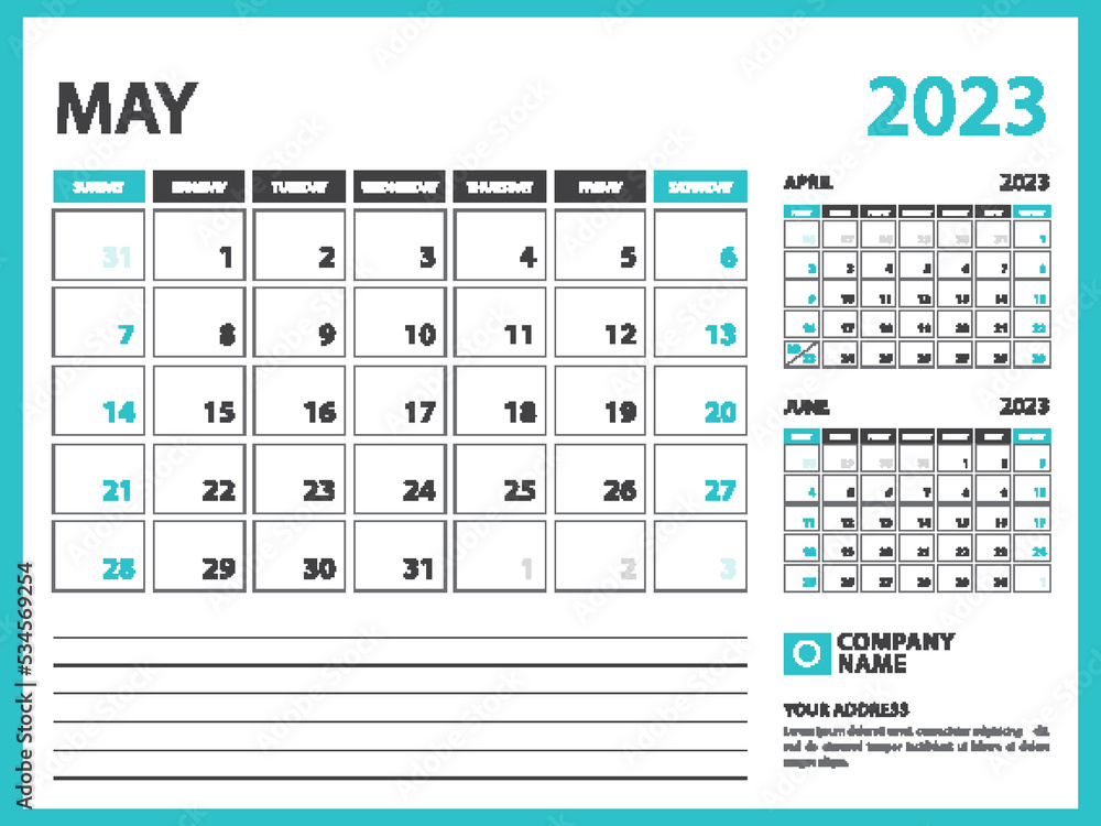 Monthly calendar template for 2023 year. May 2023 year, Week Starts on Sunday, Desk calendar 2023 design, Wall calendar, planner design, stationery, printing media, advertisement, vector Monthly calendar template for 2023 year. May 2023 year, Week Starts on Sunday, Desk calendar 2023 design, Wall calendar, planner design, stationery, printing media, advertisement, vector