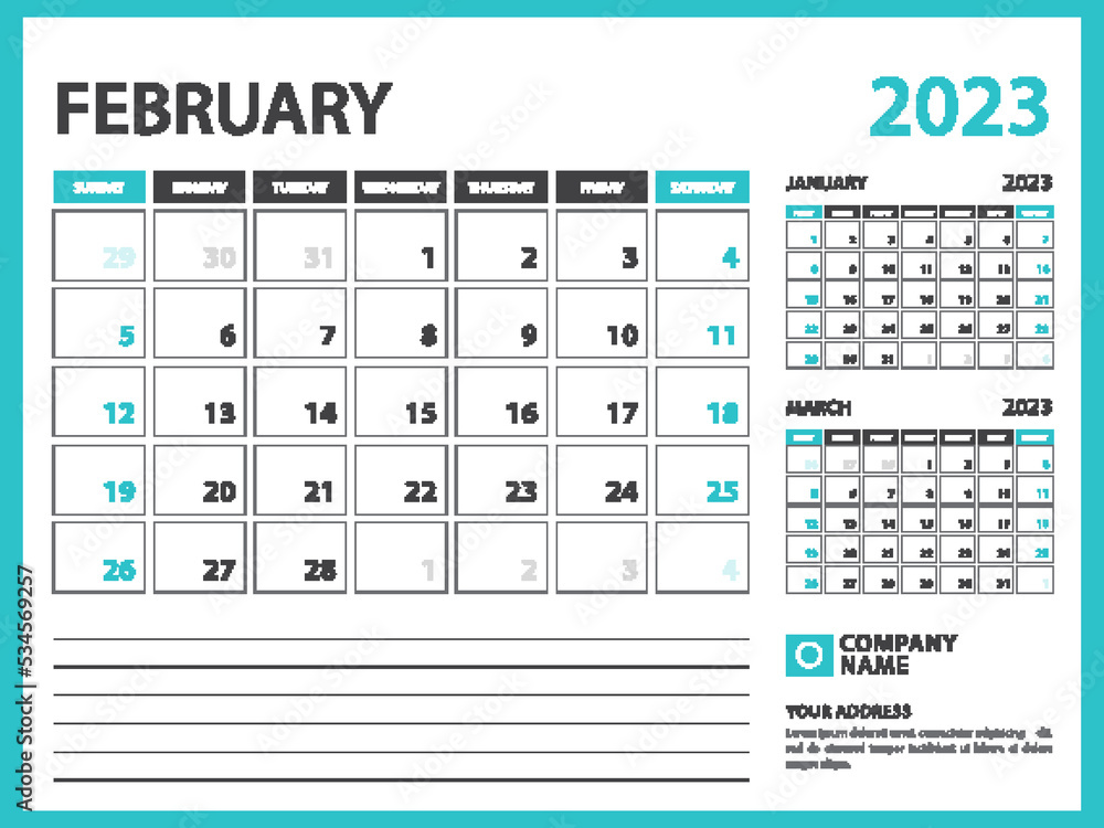 Monthly calendar template for 2023 year. February 2023 year, Week Starts on Sunday, Desk calendar 2023 design, Wall calendar, planner design, stationery, printing media, advertisement, vector Monthly calendar template for 2023 year. February 2023 year, Week Starts on Sunday, Desk calendar 2023 design, Wall calendar, planner design, stationery, printing media, advertisement, vector