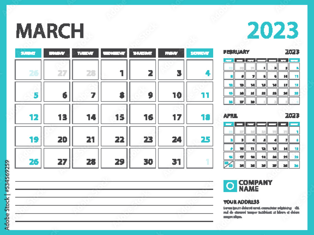 Monthly calendar template for 2023 year. March 2023 year, Week Starts on Sunday, Desk calendar 2023 design, Wall calendar, planner design, stationery, printing media, advertisement, vector Monthly calendar template for 2023 year. March 2023 year, Week Starts on Sunday, Desk calendar 2023 design, Wall calendar, planner design, stationery, printing media, advertisement, vector