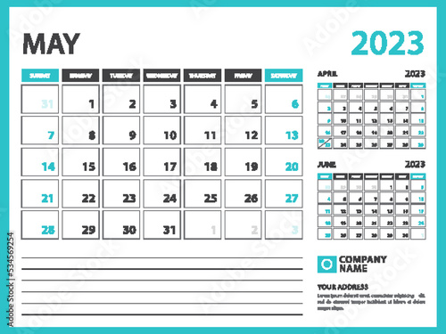 Monthly calendar template for 2023 year. May 2023 year, Week Starts on Sunday, Desk calendar 2023 design, Wall calendar, planner design, stationery, printing media, advertisement, vector