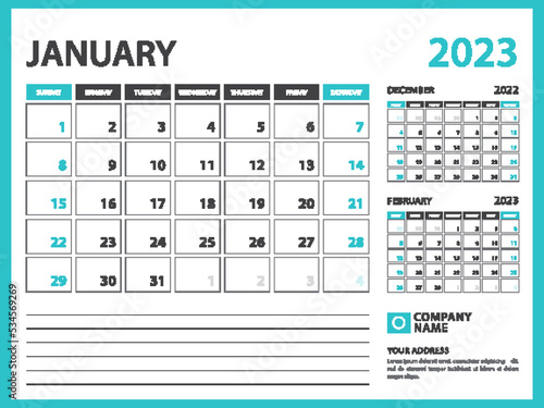 Monthly calendar template for 2023 year. January 2023 year, Week Starts on Sunday, Desk calendar 2023 design, Wall calendar, planner design, stationery, printing media, advertisement, vector