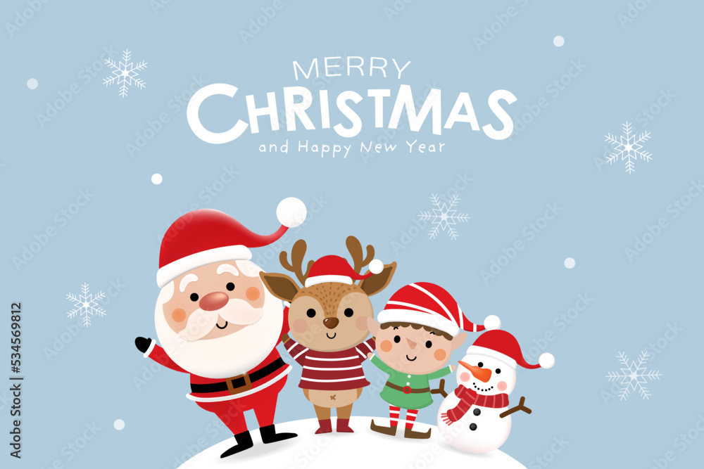 Merry Christmas and happy new year 2023 greeting card with cute Santa Claus, little elf, snowman, xmas tree and deer. Holiday cartoon character in winter season. -Vector Merry Christmas and happy new year 2023 greeting card with cute Santa Claus, little elf, snowman, xmas tree and deer. Holiday cartoon character in winter season. -Vector