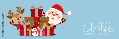 Merry Christmas and happy new year 2023 greeting card with cute Santa Claus, deer and snowman. Holiday cartoon character in winter season. -Vector.