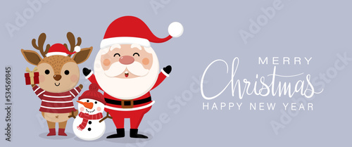 Merry Christmas and happy new year 2023 greeting card with cute Santa Claus, deer and snowman. Holiday cartoon character in winter season. -Vector.