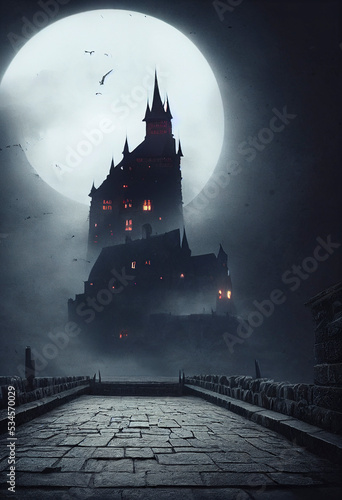 Spooky Dracula castle, Painting of haunted mansion