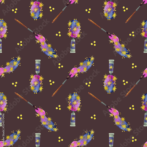 Magic paint with golden stars on a dark background. The image of creativity. Watercolor illustration. Seamless pattern.