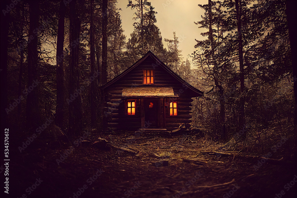 The Cabin Fear Has Found A Home Creepy cabin in the woods, illustration of a haunted house Stock