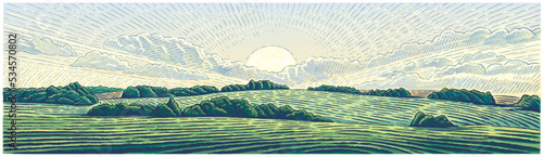 Rural landscape with sun and hills, panoramic format, drawn in graphical style and painted in color. Vector illustration.