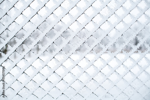 Mesh fence covered in snow. Adhering snow on the fence after a blizzard