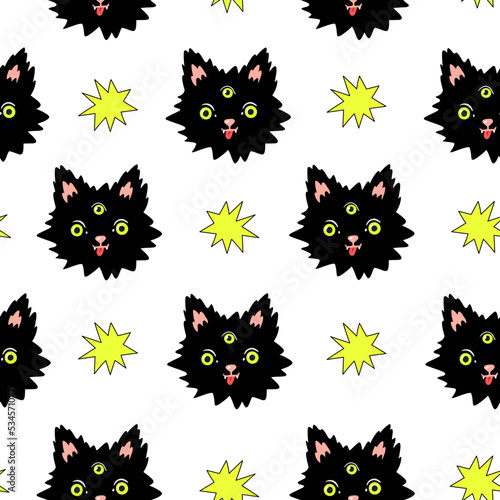 Decorative psychedelic seamless pattern with trippy magic third eye cat. Halloween vibes pattern. Background for crazy and funky Halloween party 