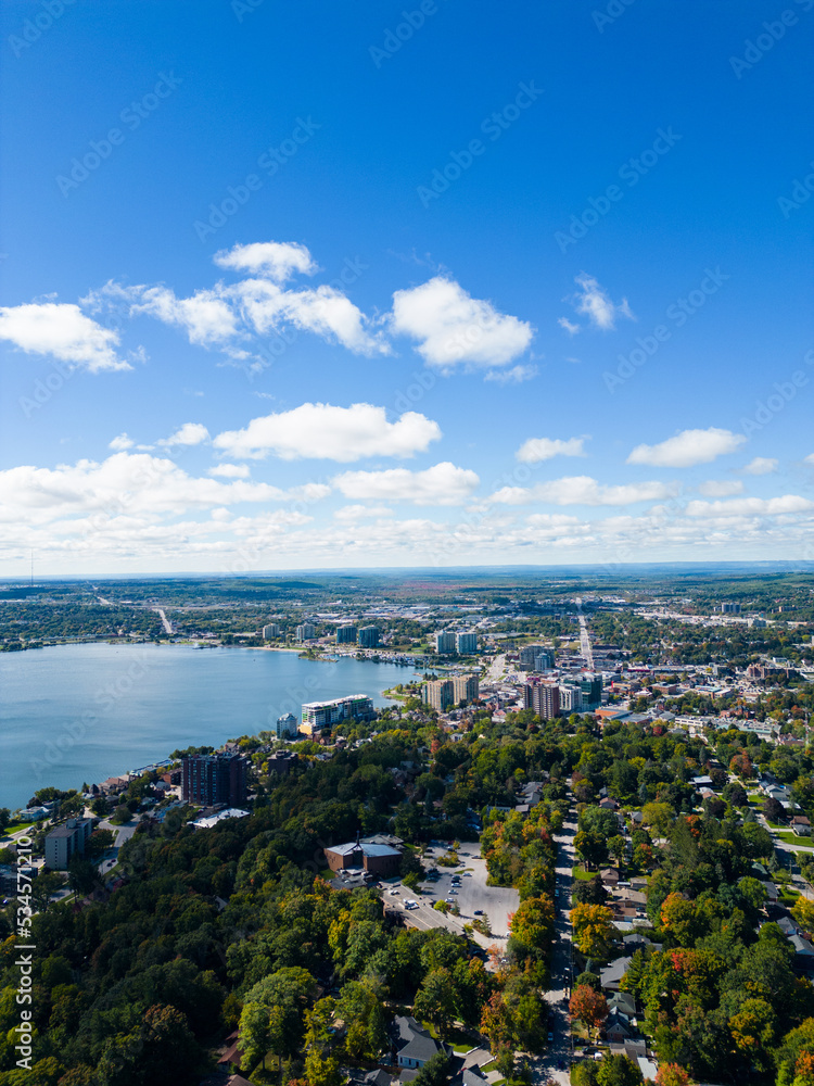 Down town barrie Drone views  Beginning of fall  blue skies and clouds 