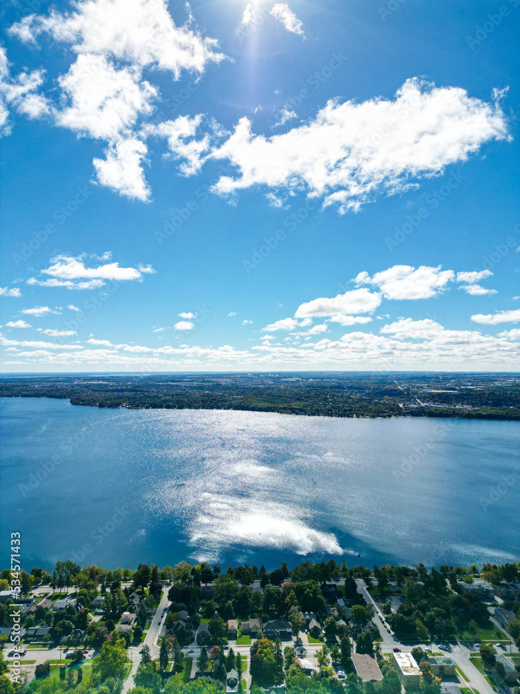 Down town barrie Drone views  Beginning of fall  blue skies and clouds 