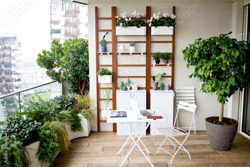 Stampa su tela balcony in a modern apartment with houseplants, flowers and city views, 3d rende