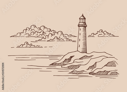 Lighthouse. Hand drawn illustration converted to vector. Sea coast graphic landscape sketch illustration vector.