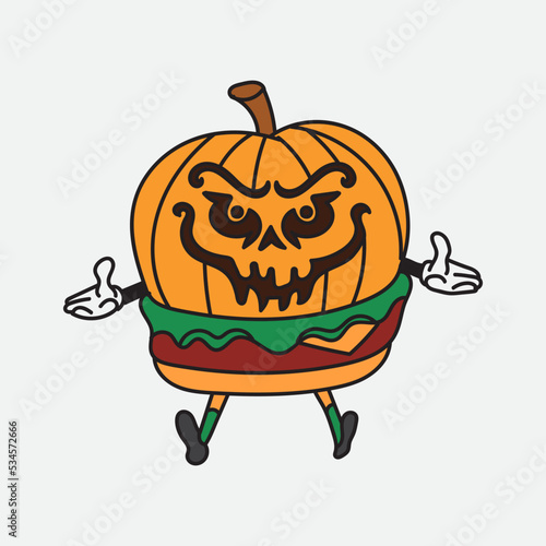Halloween Pumpkin burger trendy modern illustration for poster, postcard or background