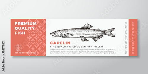 Premium Quality Capelin Vector Packaging Label Design Modern Typography and Hand Drawn Fish Silhouette Seafood Product Background Layout photo