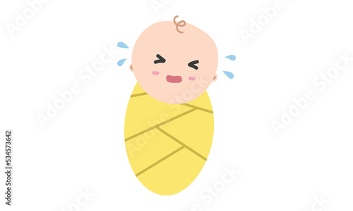 Crying baby swaddle clipart. Simple cute cry baby swaddled in yellow blanket flat vector illustration. Infant baby swaddling cartoon style. Kids, baby shower, newborn and nursery decoration concept