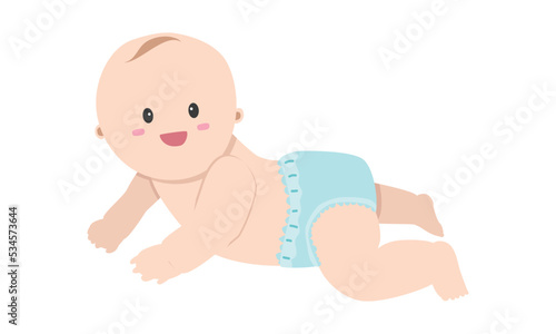 Smiling crawling baby clipart. Simple cute smile baby wearing diaper flat vector illustration. Happy baby crawling on the floor cartoon style. Kids, baby shower, newborn and nursery decoration concept