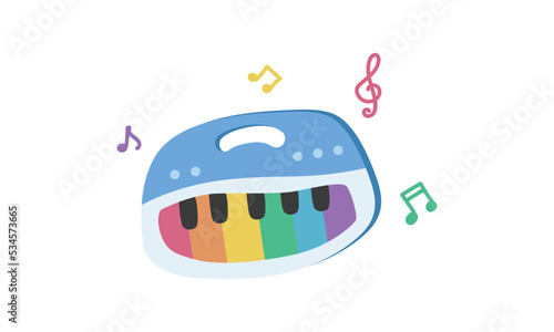 Baby piano clipart. Simple cute kids toy piano with colorful keyboard flat vector illustration. Baby battery piano with seven keys cartoon style. Kids, baby shower, newborn and nursery decoration