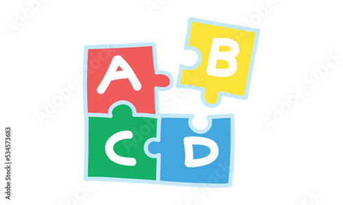 Baby puzzle clipart. Simple cute colorful foam puzzle with words ABCD flat vector illustration. Baby kids play mat letters puzzle cartoon style. Kids, baby shower, newborn, nursery decoration concept