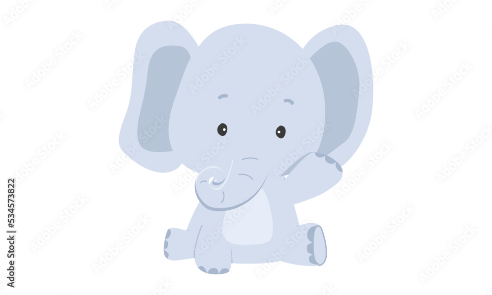 Baby boy elephant clipart. Simple cute elephant waving hand flat vector illustration. African baby animal for baby shower, nursery decoration, birthday invitation, greeting card. Baby boy concept