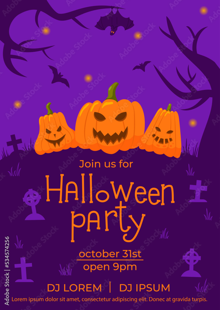 Halloween party invitations flyer. Vector illustration with jack o lantern pumpkin, bats on cemetery. Template for poster, banner, promotions, social media, greeting card. Place for your text message