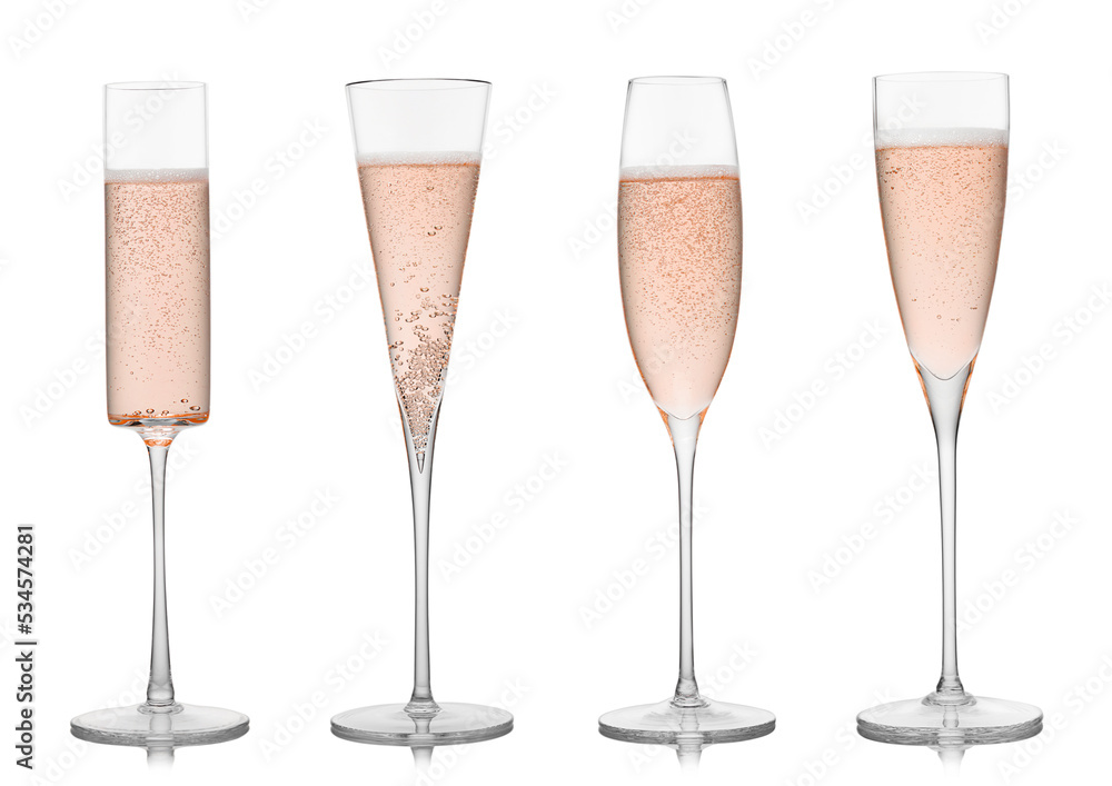 Various handmade rose pink champagne glasses on white background. - obrazy, fototapety, plakaty 