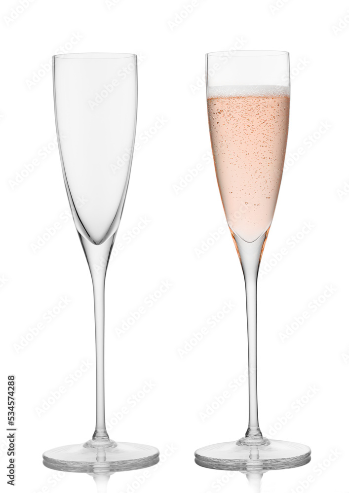 Empty and full pink rose champagne crystal glasses on white background. Empty and full pink rose champagne crystal glasses on white background.