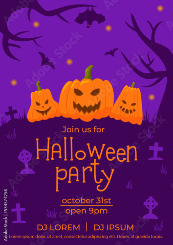 Halloween party invitations flyer. Vector illustration with jack o lantern pumpkin, bats on cemetery. Template for poster, banner, promotions, social media, greeting card. Place for your text message